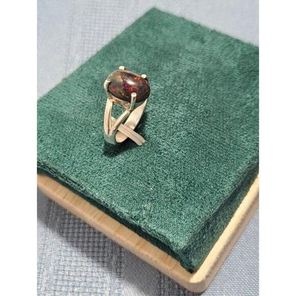 Sterling Silver Black Opal Ring Size 5.25 Prong Set Oval Gemstone Jewelry - Picture 5 of 12